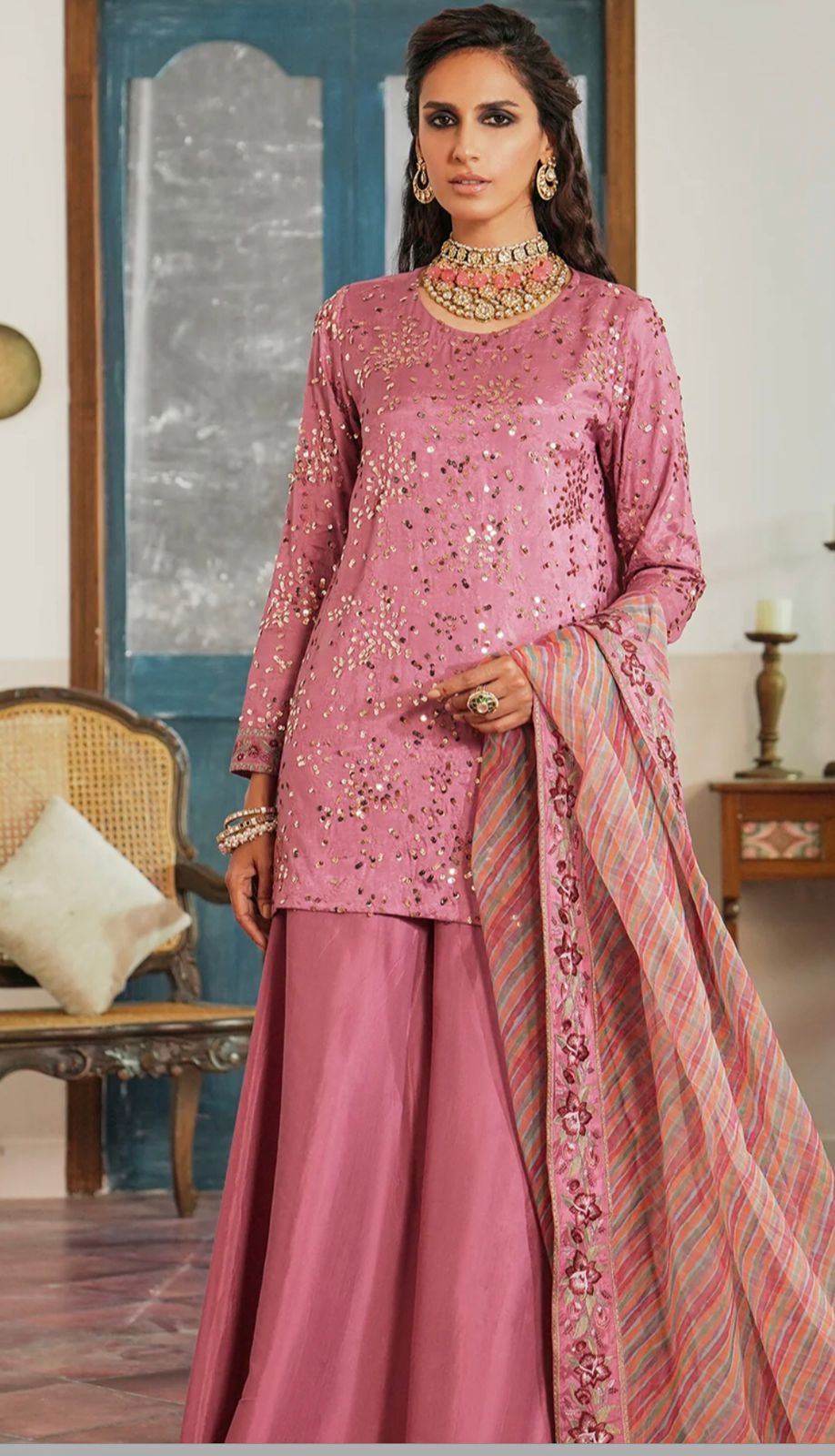 Frosty Pink Embellished Shirt with Flared Gharara Pants and Organza Embroidered Dupatta