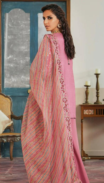 Frosty Pink Embellished Shirt with Flared Gharara Pants and Organza Embroidered Dupatta