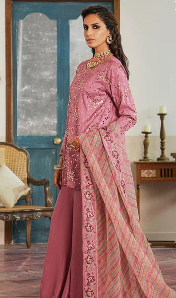 Frosty Pink Embellished Shirt with Flared Gharara Pants and Organza Embroidered Dupatta