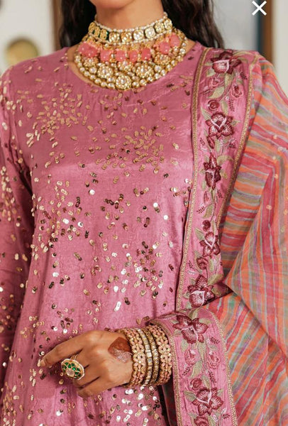 Frosty Pink Embellished Shirt with Flared Gharara Pants and Organza Embroidered Dupatta