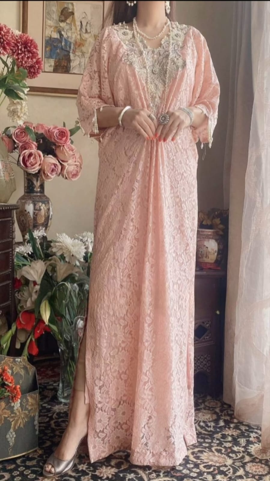 Lace/Net Embellished Pink Kaftan