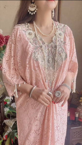 Lace/Net Embellished Pink Kaftan