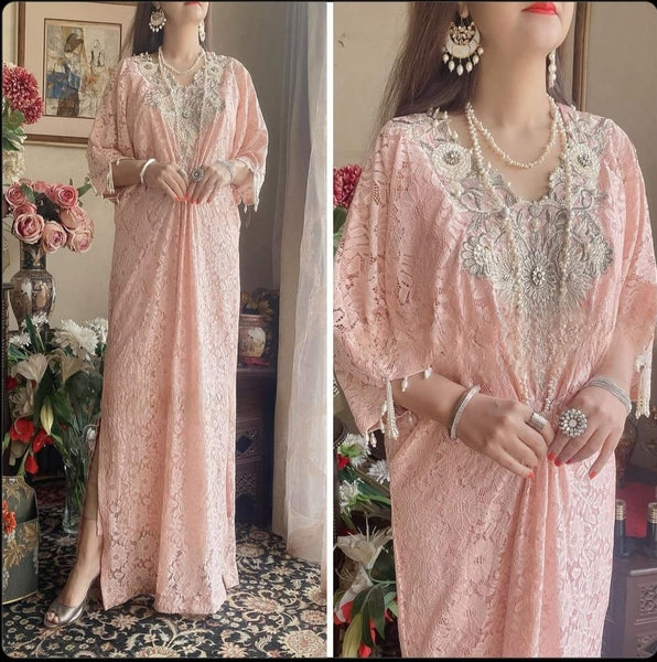 Lace/Net Embellished Pink Kaftan