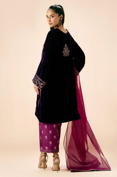 Zeen - Plum Velvet Embroidered Shirt with Printed Silk Pants & Organza Dupatta