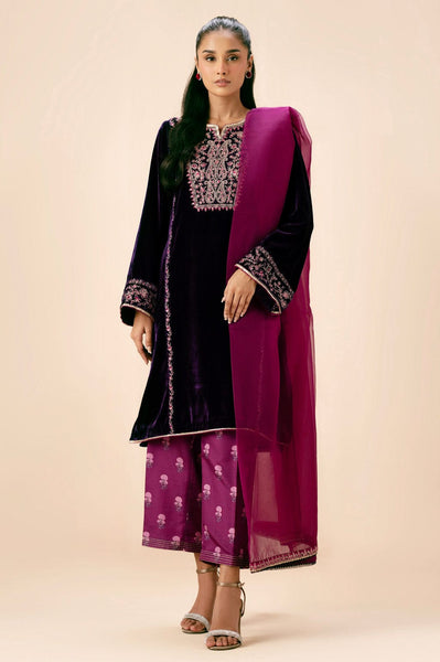 Zeen - Plum Velvet Embroidered Shirt with Printed Silk Pants & Organza Dupatta