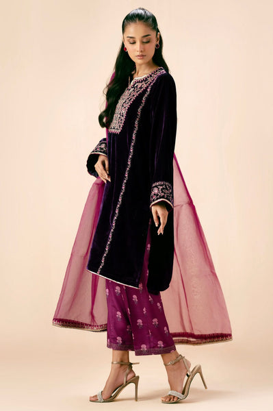 Zeen - Plum Velvet Embroidered Shirt with Printed Silk Pants & Organza Dupatta