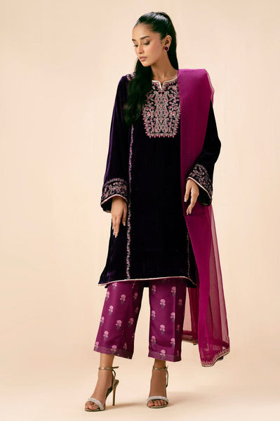 Zeen - Plum Velvet Embroidered Shirt with Printed Silk Pants & Organza Dupatta