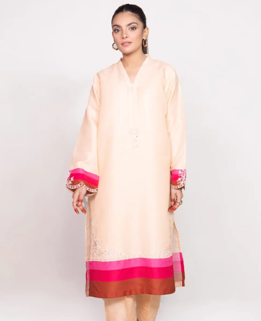 Kaaj - Needle Craft Raw Silk Printed Embroidered Shirt with Silk Pants