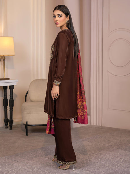 Limelight - Brown Velvet Embroidered Outfit with Woolen Shawl
