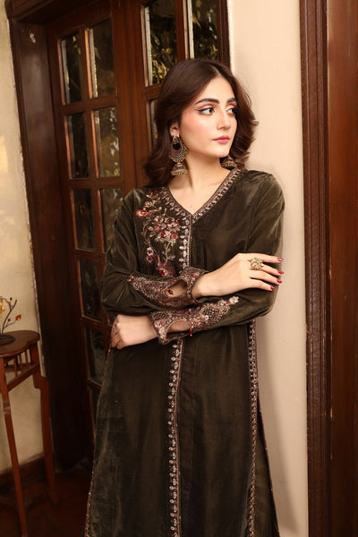 Nakoosh - Antique Olive Velvet Embellished Outfit
