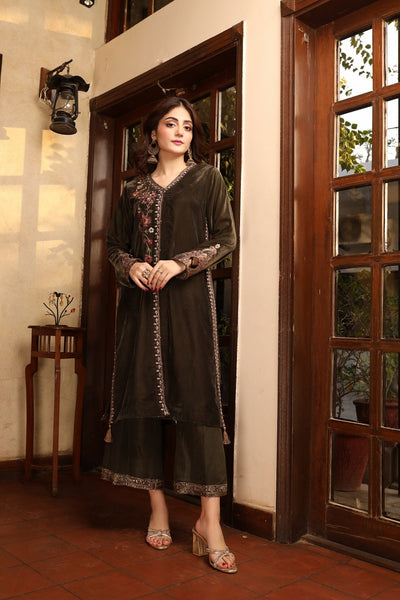 Nakoosh - Antique Olive Velvet Embellished Outfit