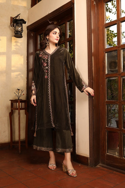 Nakoosh - Antique Olive Velvet Embellished Outfit