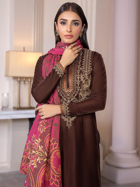 Limelight - Brown Velvet Embroidered Outfit with Woolen Shawl