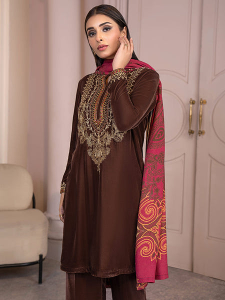 Limelight - Brown Velvet Embroidered Outfit with Woolen Shawl