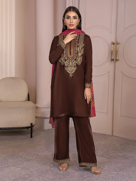 Limelight - Brown Velvet Embroidered Outfit with Woolen Shawl