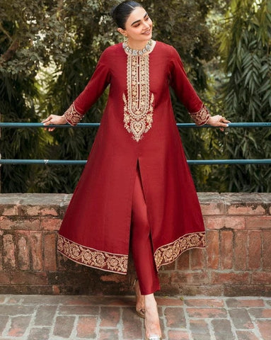 Garnet - Red Embroidered Satin Cotton Net Shirt with Pants