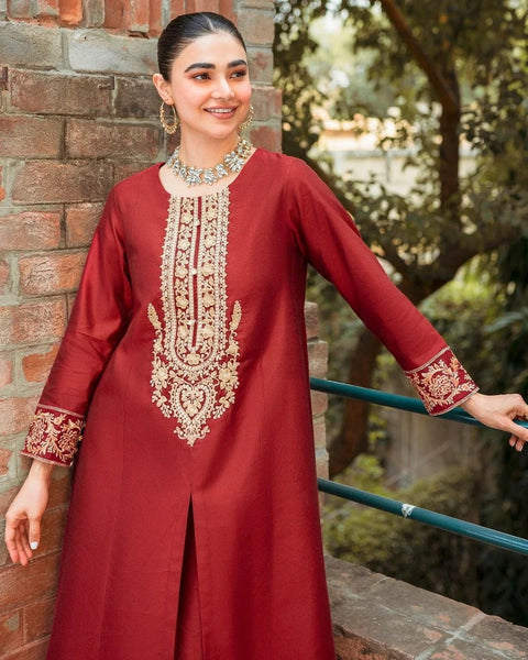 Garnet - Red Embroidered Satin Cotton Net Shirt with Pants