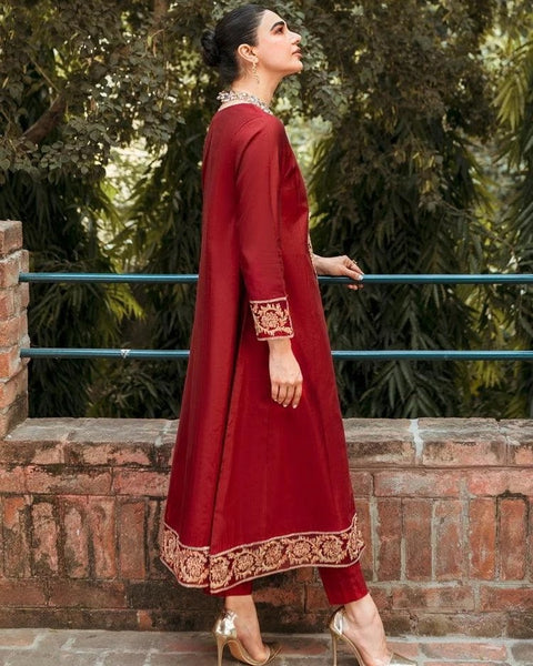 Garnet - Red Embroidered Satin Cotton Net Shirt with Pants