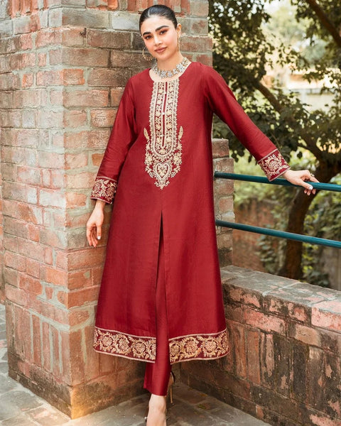 Garnet - Red Embroidered Satin Cotton Net Shirt with Pants