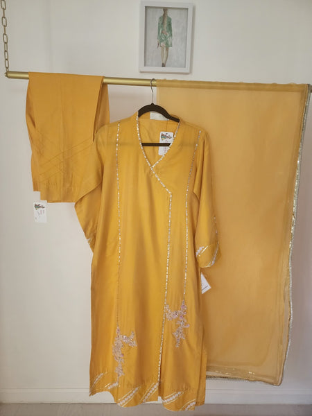 Yellow Hand-Embellished Cotton Shirt with Pants and Organza Dupatta