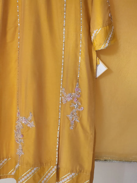 Yellow Hand-Embellished Cotton Shirt with Pants and Organza Dupatta