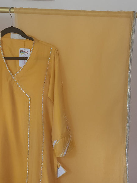 Yellow Hand-Embellished Cotton Shirt with Pants and Organza Dupatta