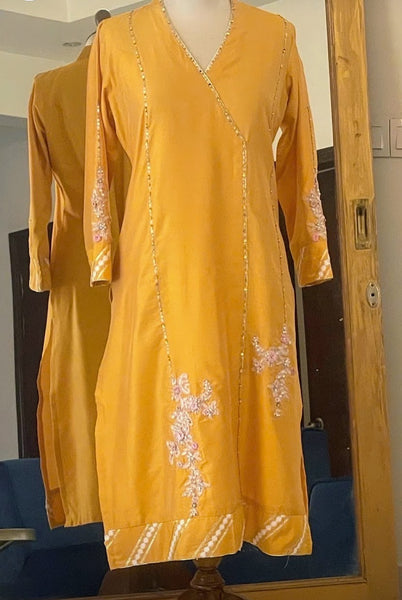 Yellow Hand-Embellished Cotton Shirt with Pants and Organza Dupatta