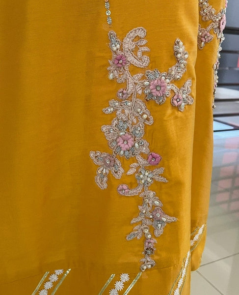 Yellow Hand-Embellished Cotton Shirt with Pants and Organza Dupatta