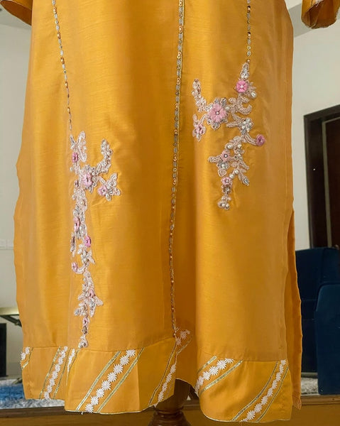 Yellow Hand-Embellished Cotton Shirt with Pants and Organza Dupatta