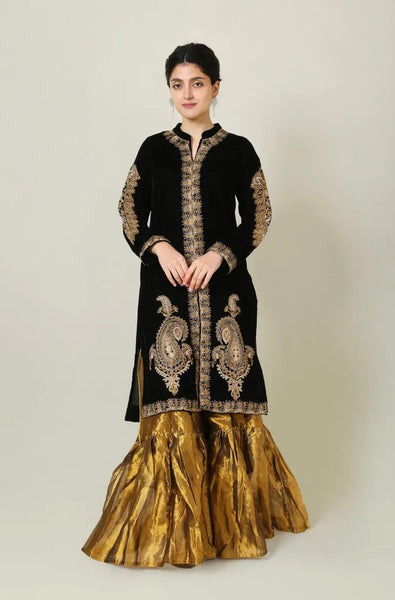 Generations - Copper Velvet Embroidered Shirt with Gharara & Dupatta