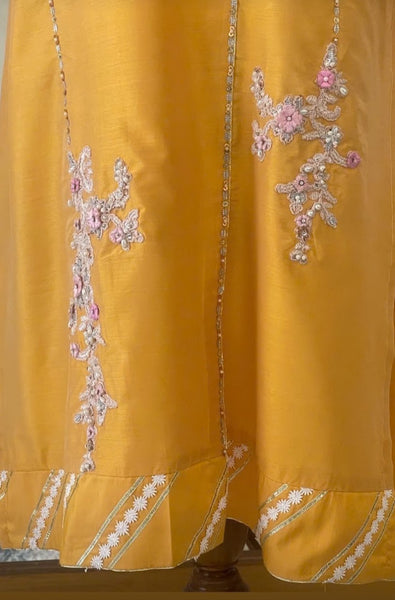 Yellow Hand-Embellished Cotton Shirt with Pants and Organza Dupatta